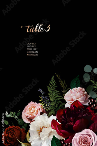 Elegant dark frame, arranged leaves and flowers