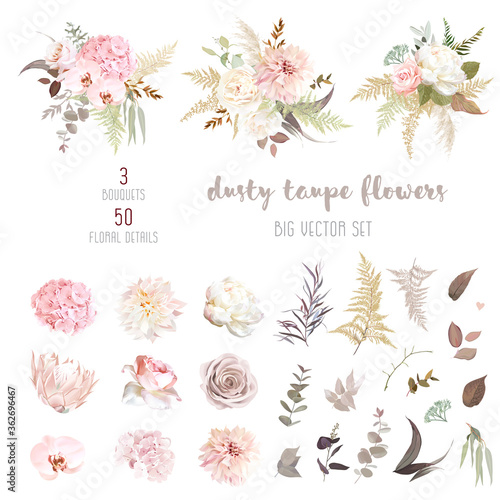 Valokuva Dusty pink and ivory beige rose, pale hydrangea, peony flower, fern, dahlia