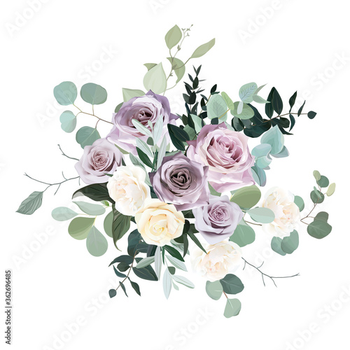Dusty violet lavender, mauve antique rose, purple pale and ivory yellow flowers