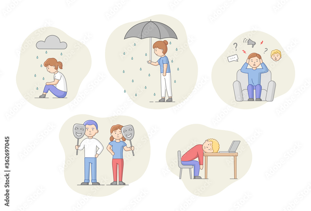 Depression Concept. Set Of Characters Suffering From Depression. Sad Men And Women Under The Rain. Overcast Weather, Emotions Concealment And Burnout. Cartoon Linear Outline Flat Vector Illustration Depression Concept. Set Of Characters Suffering From Depression. Sad Men And Women Under The Rain. Overcast Weather, Emotions Concealment And Burnout. Cartoon Linear Outline Flat Vector Illustration