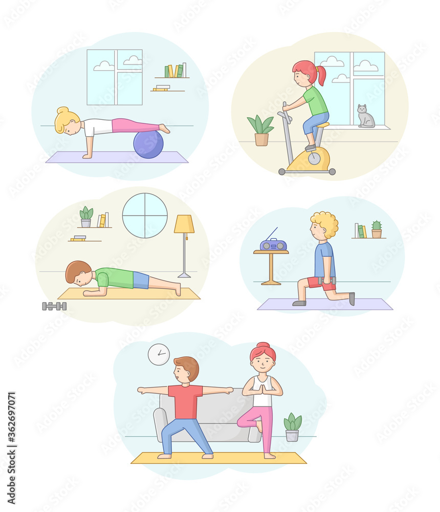 Fototapeta premium Fitness Concept, Health Care And Active Sport. Set Of Characters Exercising In Gym Or At Home With Dumbbells And Sport Equipment. People Do Morning Exercises. Linear Outline Flat Vector Illustration