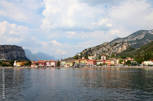 Lake Garda, in northern Italy surrounded by hills and villages with boats in the water