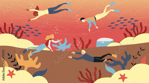 Concept Of Scuba Dive And Active Sport. Underwater Scuba Divers Men and Women Diving in Sea. People Swimming in Ocean in a Wetsuit and Exploring Sea Bottom. Cartoon Flat Style. Vector Illustration