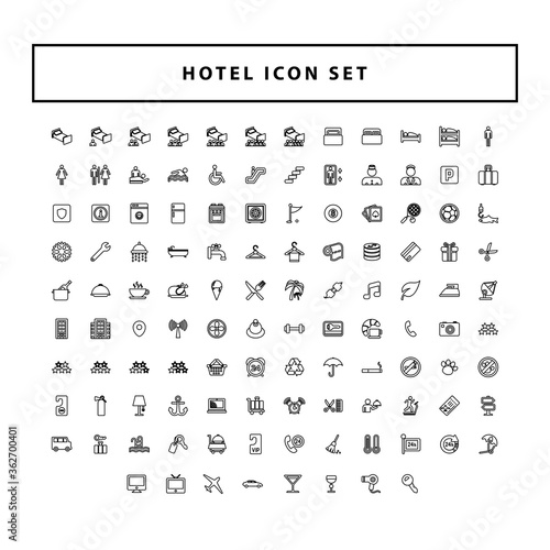 set of Hotel and travel black icons with outline style design
