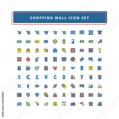 Shopping and mall icon set with filled outline style design