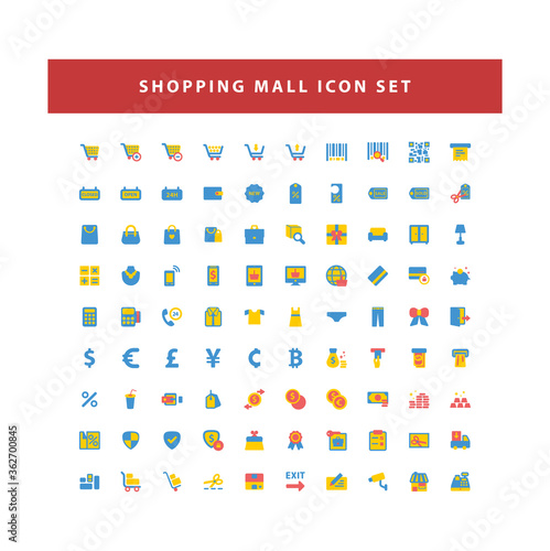 Shopping and mall icon set with flat color style design