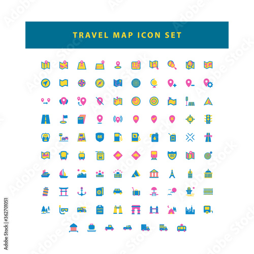 Travel and Map icon set with flat color style design
