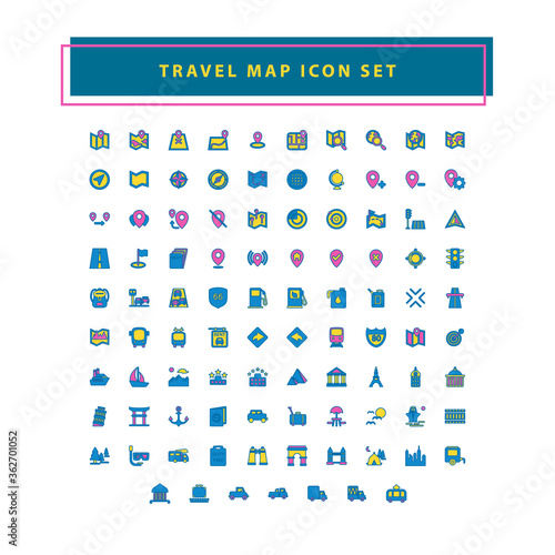 Travel and Map icon set with filled outline style design
