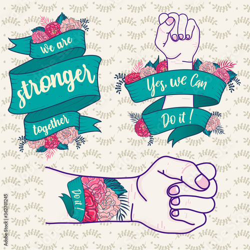 Set of ribbons with slogans in support of the feminist movement: we are stonger together, yes we can do it, do it