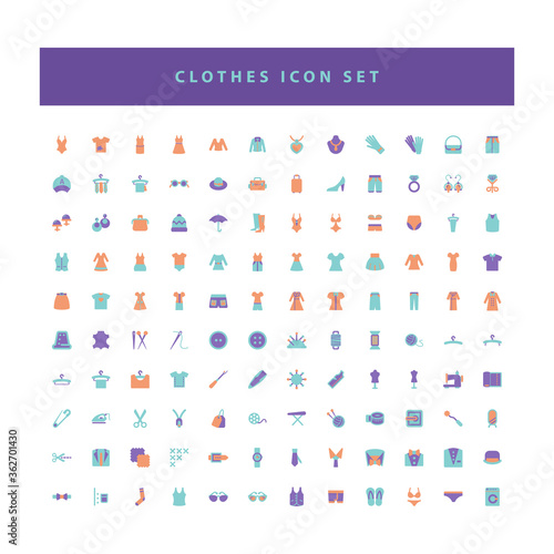 vector of collection clothes fashion icons set with flat color style design