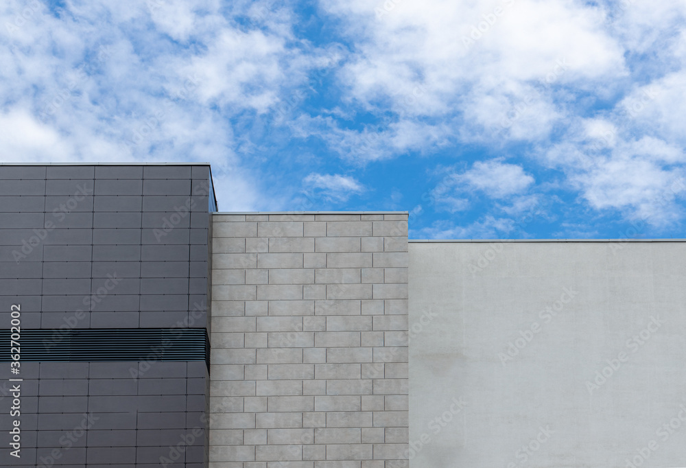 wall exterior facade modern architecture bright and dark gray color simple background object with outdoor view on blue sky white cloud
