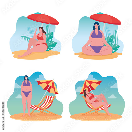 set summer scenes, cute plump women using swimsuit, women in the beach, summer vacation season vector illustration design