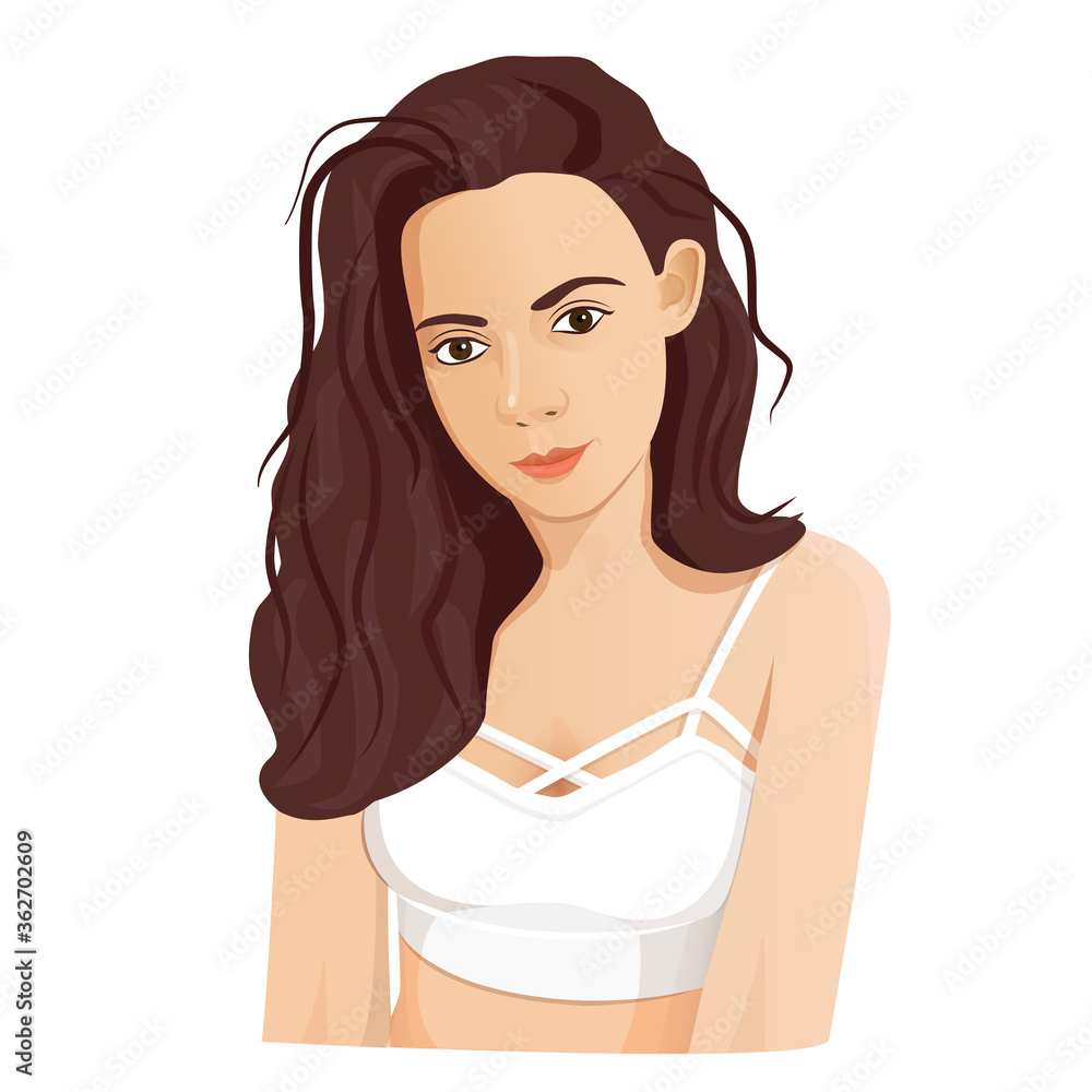 Brunette girl in a white top on a background of exotic leaves. Vector illustration of a girl. Character design concept. Illustration of a girl for advertising, banner, template, flyer, postcard. Brunette girl in a white top on a background of exotic leaves. Vector illustration of a girl. Character design concept. Illustration of a girl for advertising, banner, template, flyer, postcard.