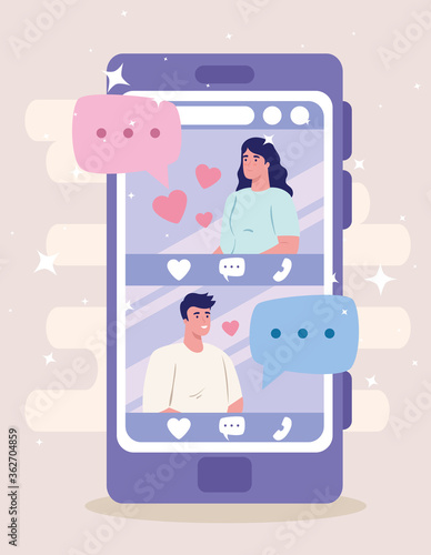 online dating service application, smartphone with man and woman profiles, modern people looking for couple, social media, virtual relationship communication concept vector illustration design