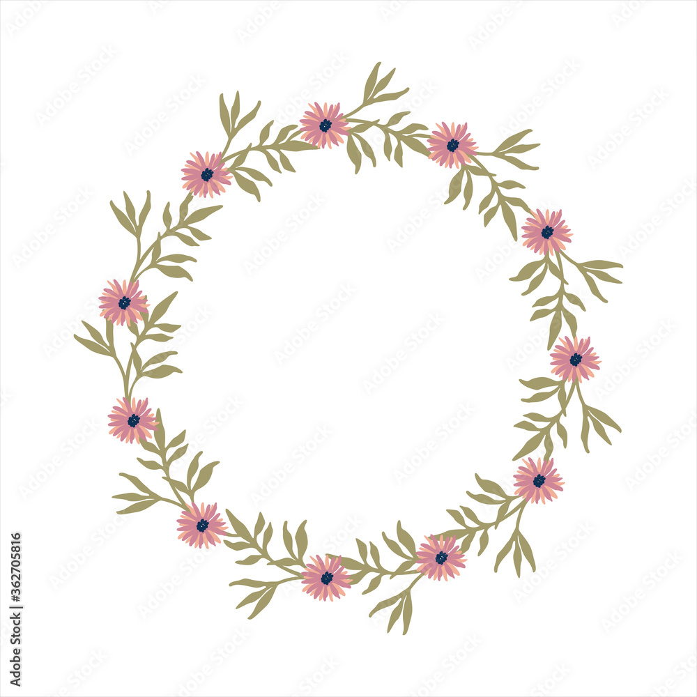 Round vector floral wreath for greeting card birthday or wedding invitation. Abstract flowers wreath