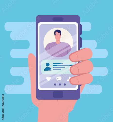 online dating service application, hand holding smartphone with man profile, modern person looking for couple, social media, virtual relationship communication concept vector illustration design