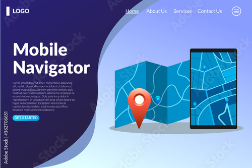 mobile navigator landing page web design concept.
gps navigator with map, vector illustration.