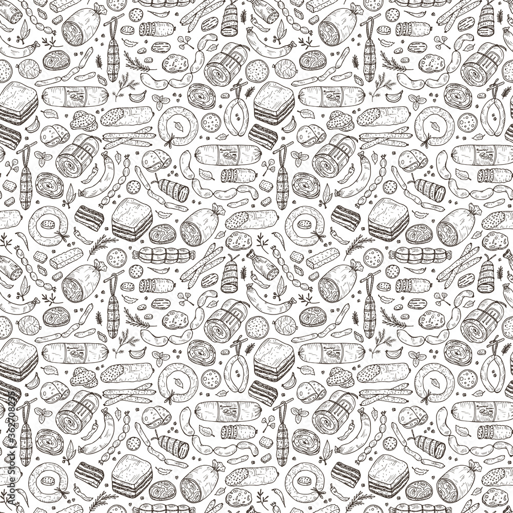 Food. Sausages Seamless pattern. Hand drawn doodle Meat products: Ready sausage, bacon, sliced saveloy, sausage, spicy pepperoni, smoked sausages, stick of salami, baked meatloaf, frankfurters
