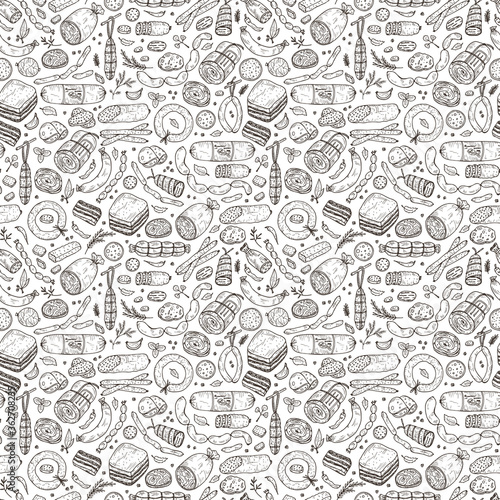 Food. Sausages Seamless pattern. Hand drawn doodle Meat products: Ready sausage, bacon, sliced saveloy, sausage, spicy pepperoni, smoked sausages, stick of salami, baked meatloaf, frankfurters
