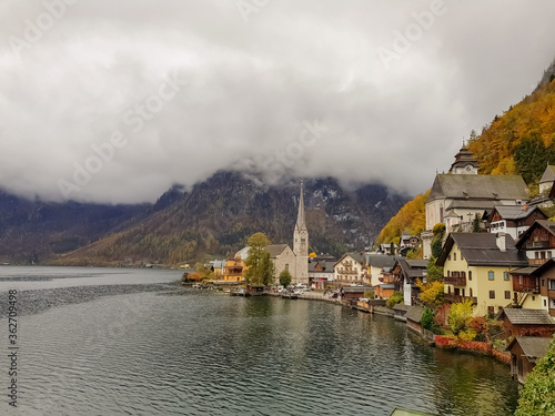 Stunning old town of Hallstat Salzburg Austria on the river and a UNESCO World heritage site 