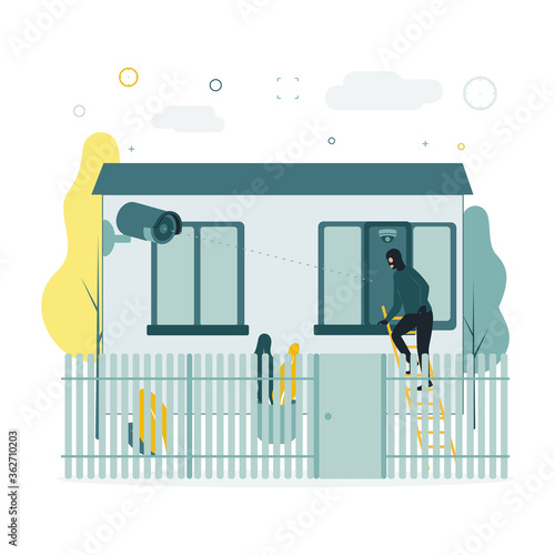 Video monitoring. A vector illustration of a burglar climbing a window on a staircase, a video surveillance camera takes it off. The camera shoots as a masked man creeps into a window at home