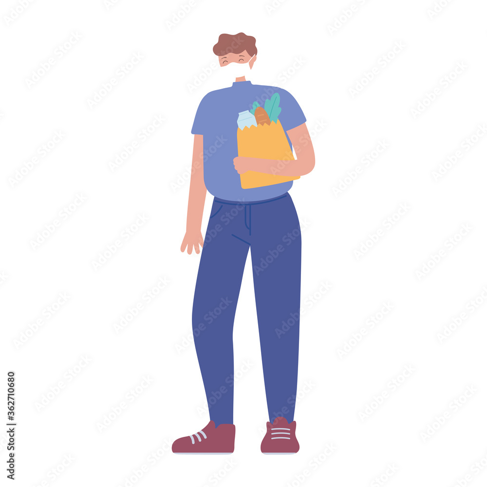 young man with medical mask and grocery bag with food, prevention covid 19 coronavirus young man with medical mask and grocery bag with food, prevention covid 19 coronavirus