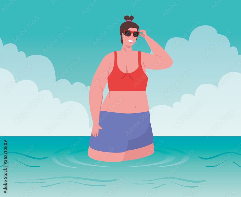 cute plump women with swimsuit on the beach, female on the beach, summer vacation season season vector illustration design