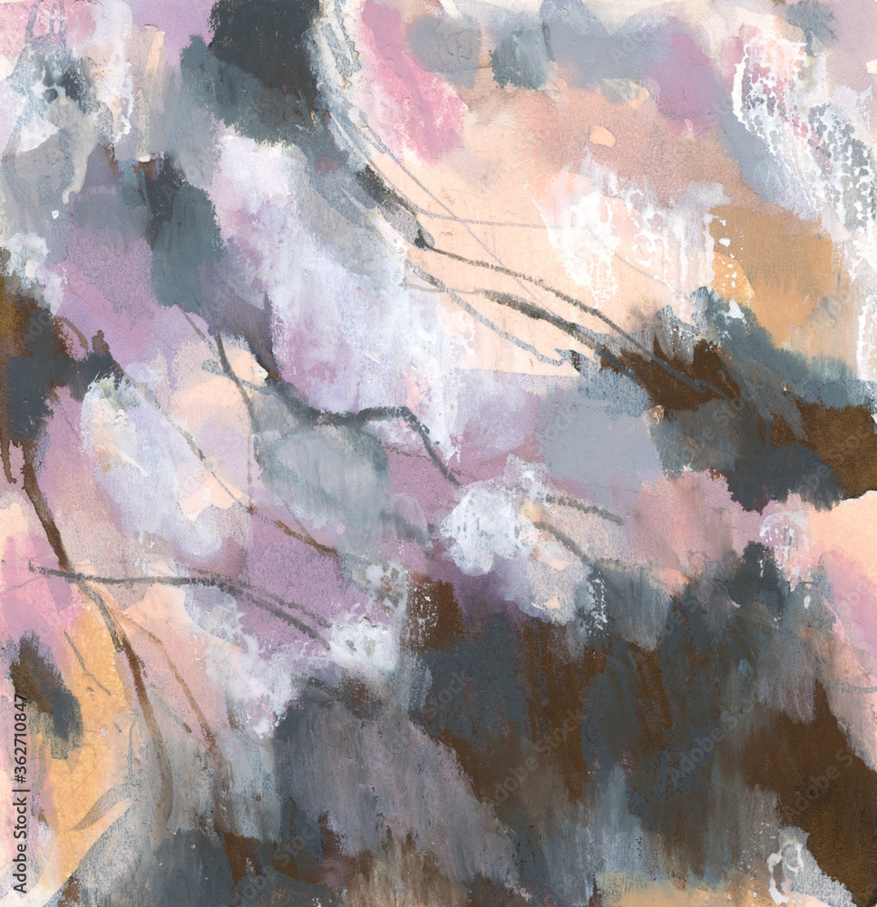 Fototapeta premium Abstract art. Beautiful artwork. Decorative image for creative design of posters, cards, invitations, wallpapers, banners, websites and prints. Gouache paints, paper. Unique artistic style.