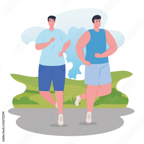men marathoners running sportive, young men run competition or marathon race poster, healthy lifestyle and sport vector illustration design