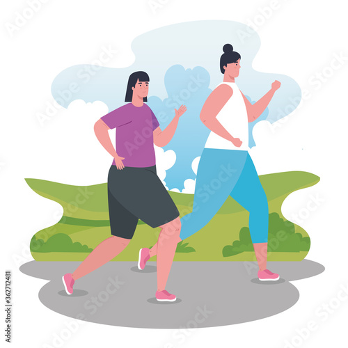 women marathoners running sportive, group female running, competition or marathon race poster, healthy lifestyle and sport vector illustration design