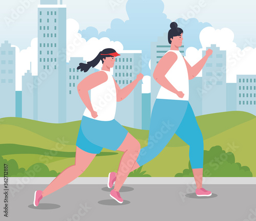 women marathoners running sportive, young female run competition or marathon race poster, healthy lifestyle and sport vector illustration design