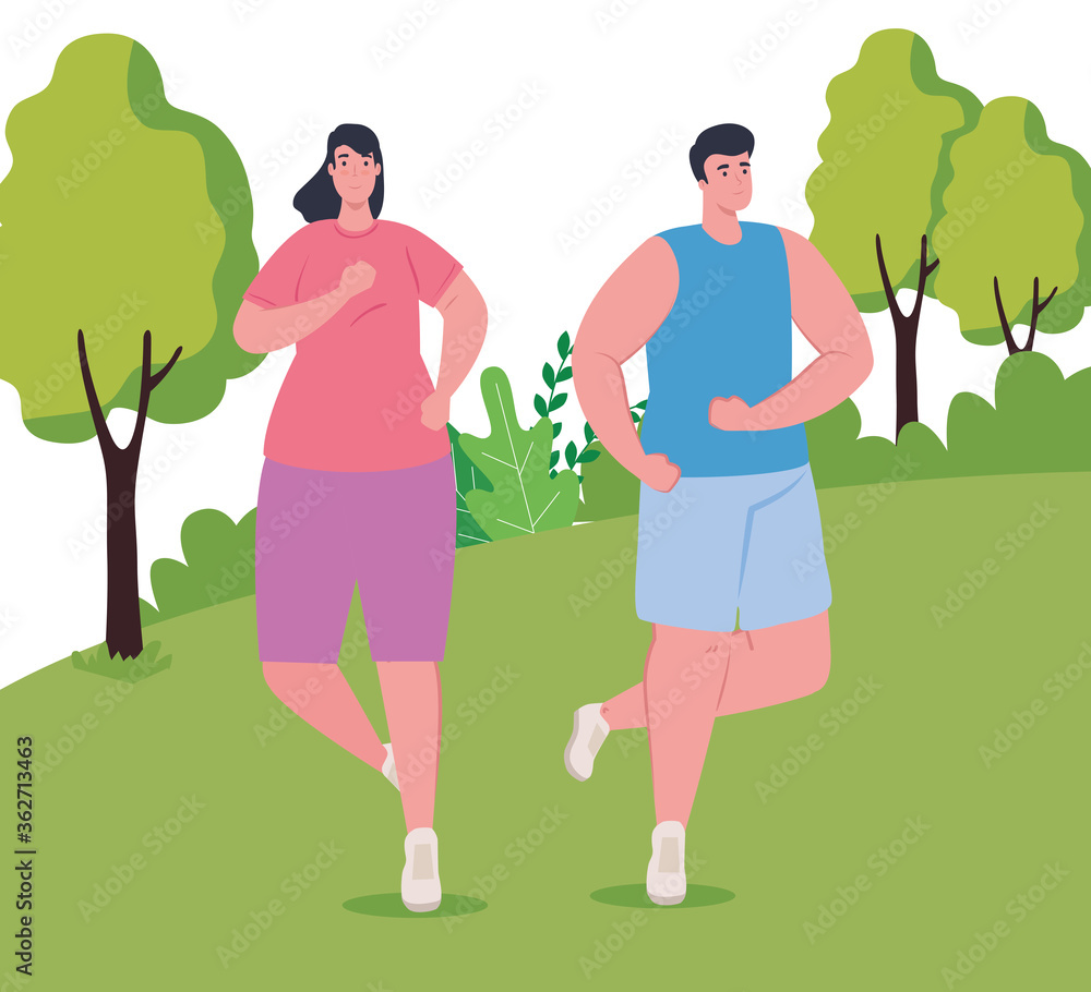 couple marathoners running in park, woman and man run competition or marathon race poster, healthy lifestyle and sport vector illustration design couple marathoners running in park, woman and man run competition or marathon race poster, healthy lifestyle and sport vector illustration design