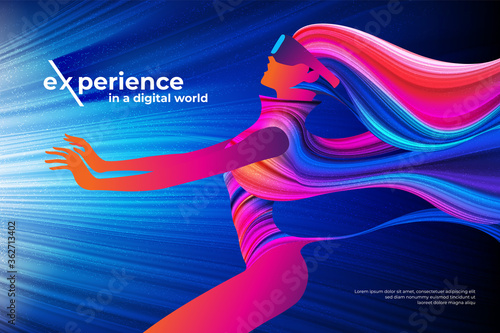 Digital world theme design in vector illustration featuring the lady that wearing VR headset is experiencing the cyber world 