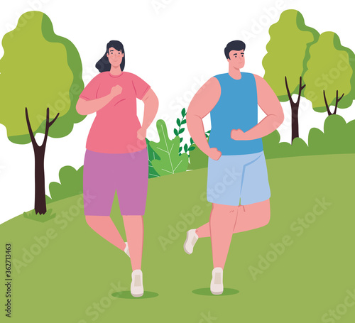 couple marathoners running in park, woman and man run competition or marathon race poster, healthy lifestyle and sport vector illustration design