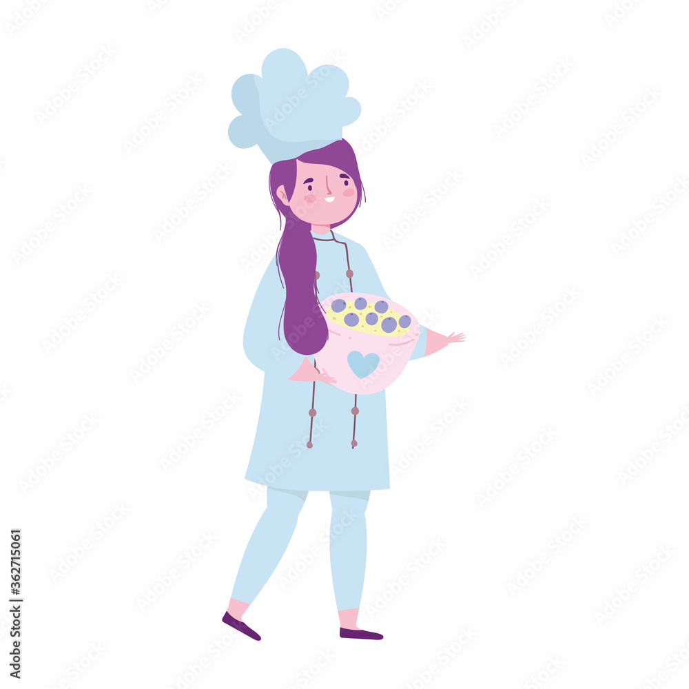 stay at home, female chef with dessert in food cartoon, quarantine activities stay at home, female chef with dessert in food cartoon, quarantine activities