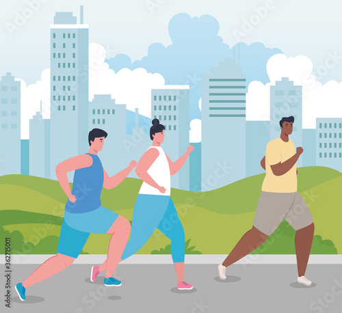 people marathoners running sportive, men and woman, run competition or marathon race poster, healthy lifestyle and sport vector illustration design