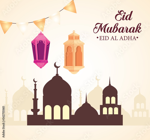 eid al adha mubarak, happy sacrifice feast, with lanterns hanging and silhouette arabia city vector illustration design