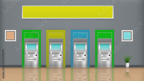 Row of ATM machines in the room.