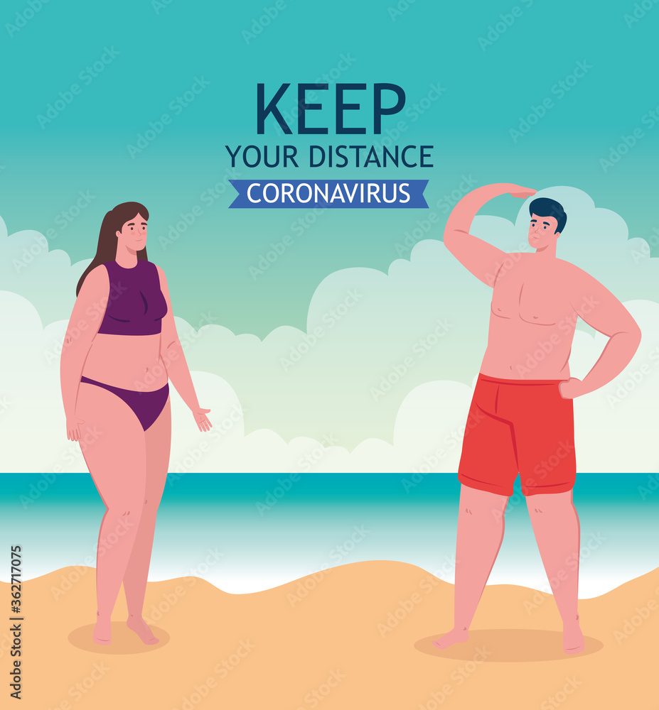 social distancing on the beach, couple keep distance, new normal summer beach concept after coronavirus or covid 19 vector illustration design