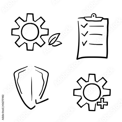 hand drawn HSE concept, occupational safety and health administration, production factory and environment, medical insurance, labor preventive instructions, worker protection. doodle