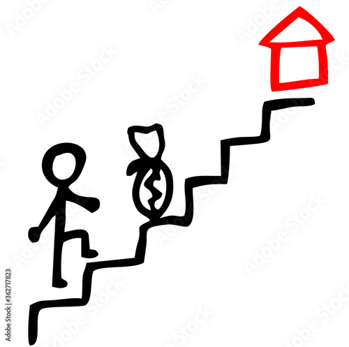 Icon of a man going to a financial goal, earning money for your home, vector illustration