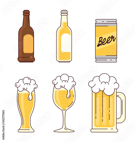 set, bottles, can, glass, cup, mug of beer on white background vector illustration design