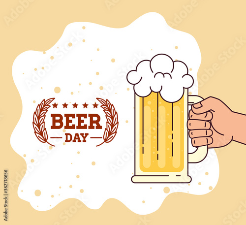 international beer day, august, hand with beer mug vector illustration design
