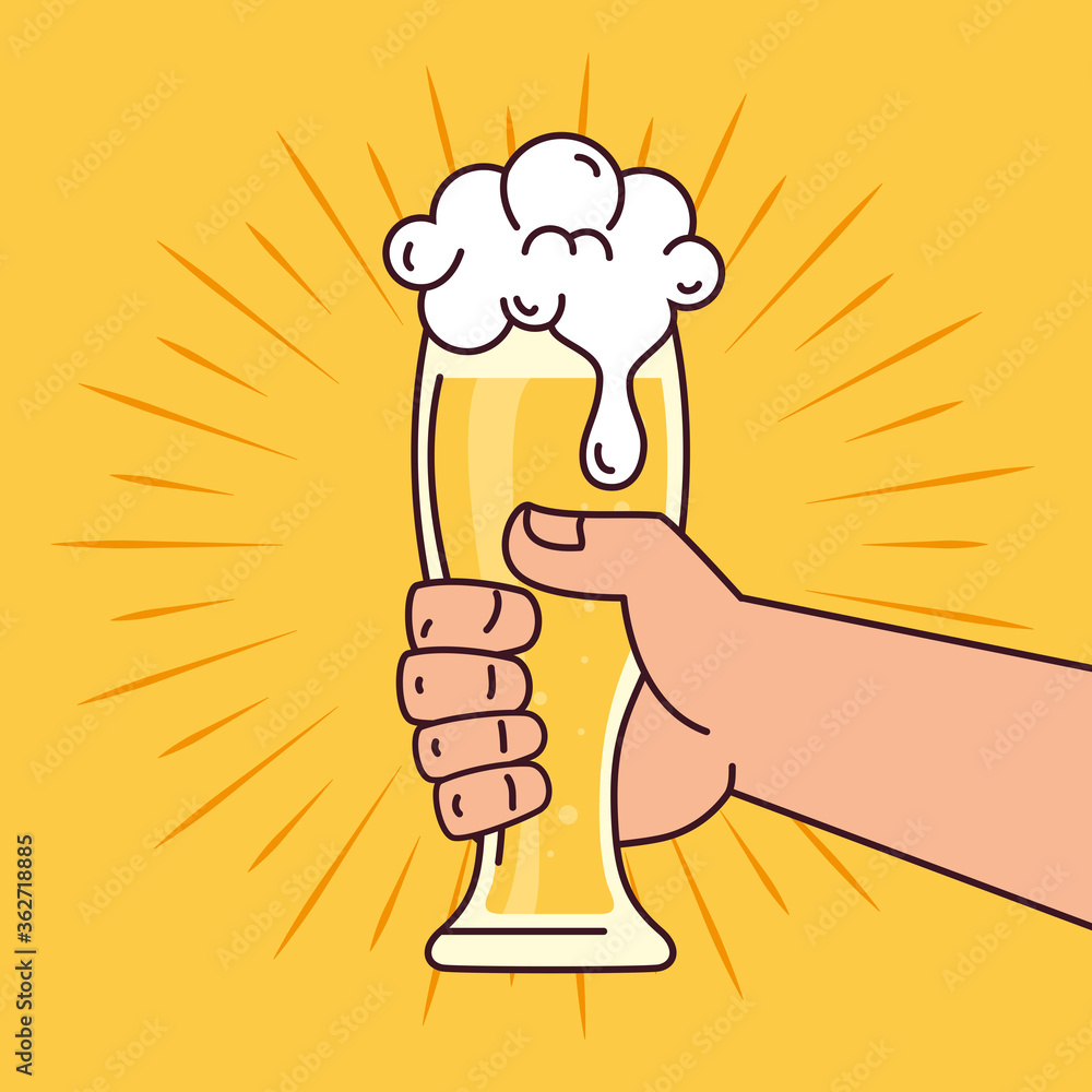 hand holding a beer glass, on yellow background vector illustration design