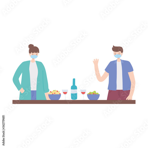 social distancing, people with food and drink keep a safe distance, covid 19 coronavirus