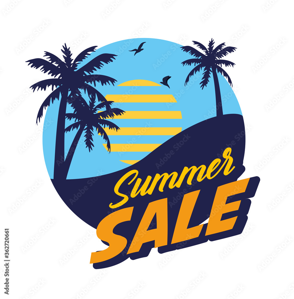 summer sale banner, season discount poster with palms silhouette, invitation for shopping with summer sale label, special offer card vector illustration design