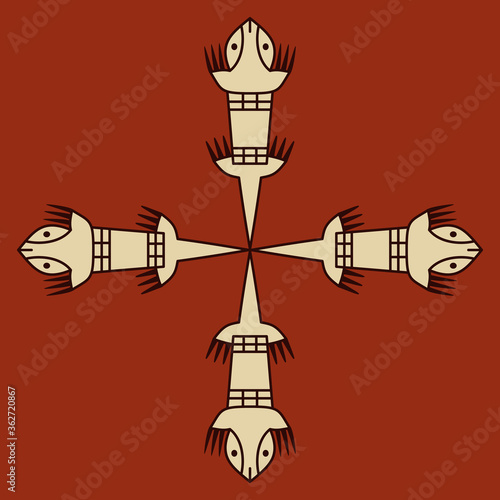 Animal cross made of four silhouettes of stylized lizards.  Native American tribal motif from ancient Peru. Isolated vector illustration.