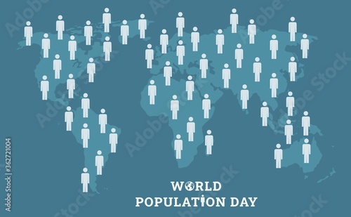 World Population Day background design with world map and people icon above it. Flat style vector illustration of awareness global population issues for international event poster and banner.