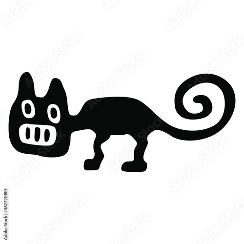 Stylized funny cat with open mouth and spiral tail. Native American art of Nazca or Nasca Indians of ancient Peru. Black and white silhouette.