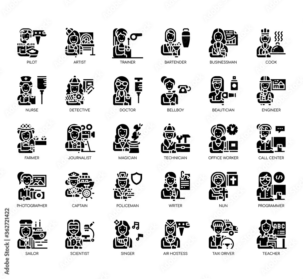 Set of female occupation thin line and pixel perfect icons for any web and app project. Set of female occupation thin line and pixel perfect icons for any web and app project.